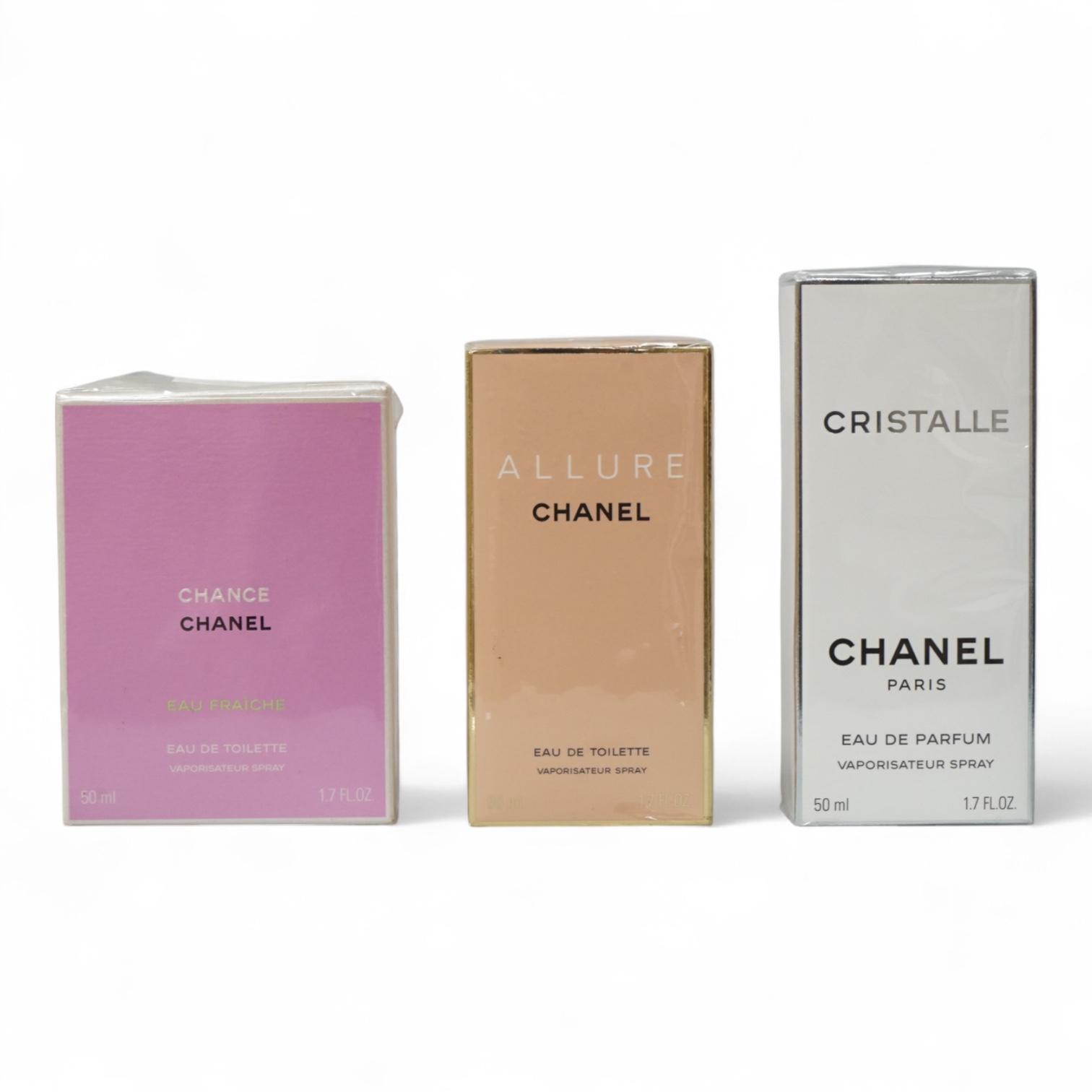 Three bottles of ladies Chanel perfume comprising Chance eau de toilette, Allure eau de toilette and Cristalle eau de parfum, each boxed, two unopened